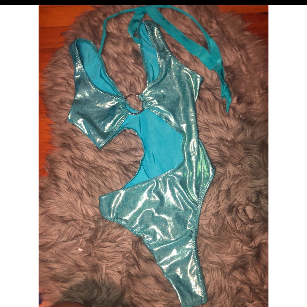 Metallic blue one piece bikini